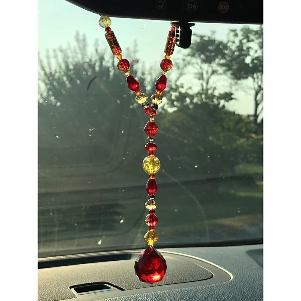Beaded Suncatcher Car Charm Rearview Mirror Ornament Orange Red Crystal Prism